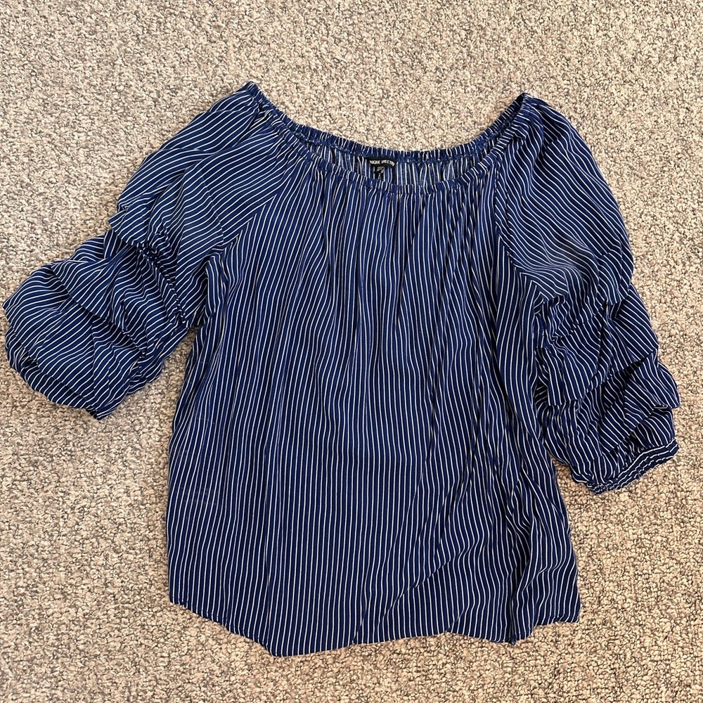 Navy Blue Striped Off-shoulder Blouse